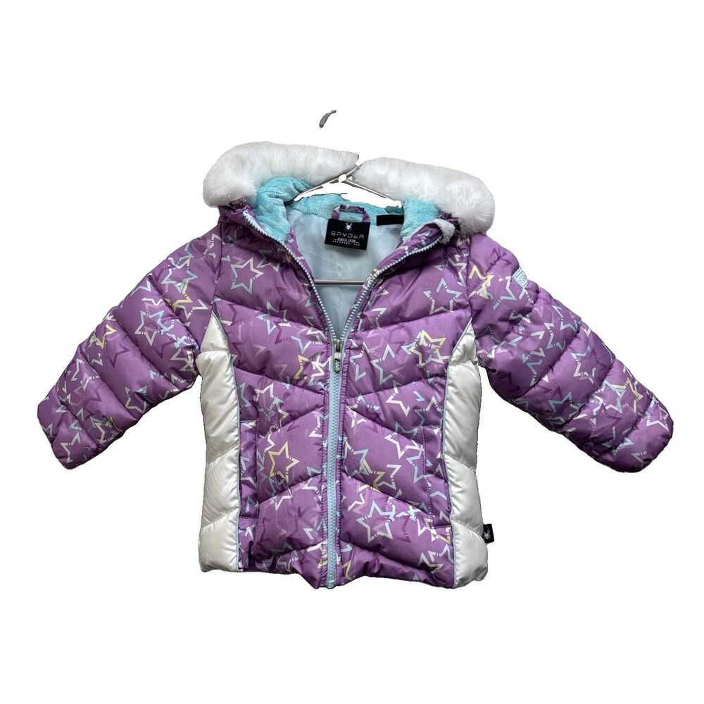 Spyder Winter Coat Girl 3T Purple White Stars Faux Fur Hood Pockets Zip Quilted